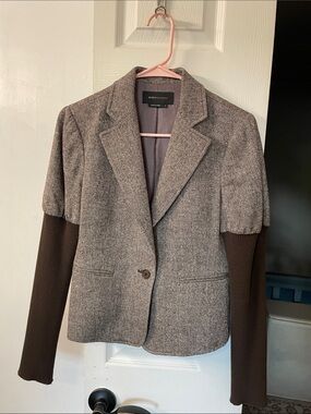 BCBGMaxAzria Two-Tone Brown Herringbone Blazer with Knit Sleeves